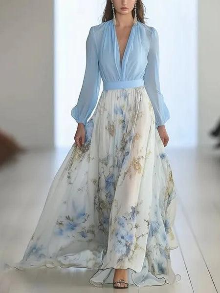 Elegant Blue Floral Maxi Dress for Women with V Neck Long Sleeve Flowing Bohemian Style