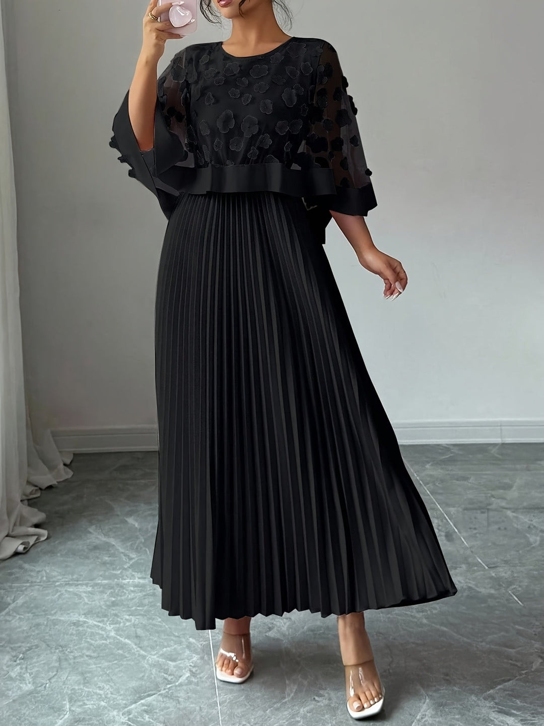 Elegant Floral Pleated Maxi Dress for Women with Round Neck Cape Sleeve Appliqué Flowing Formal Wedding Guest Style