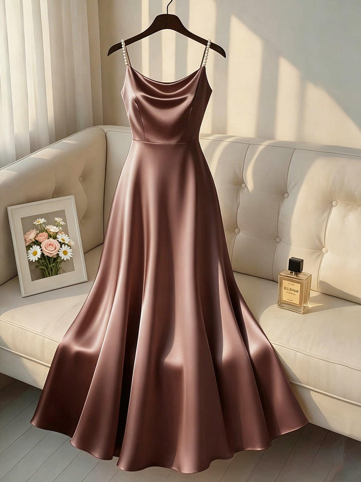 Elegant Satin Maxi Dress for Women with Cowl Neck Pearl Strap Flowing Formal Wedding Guest Style