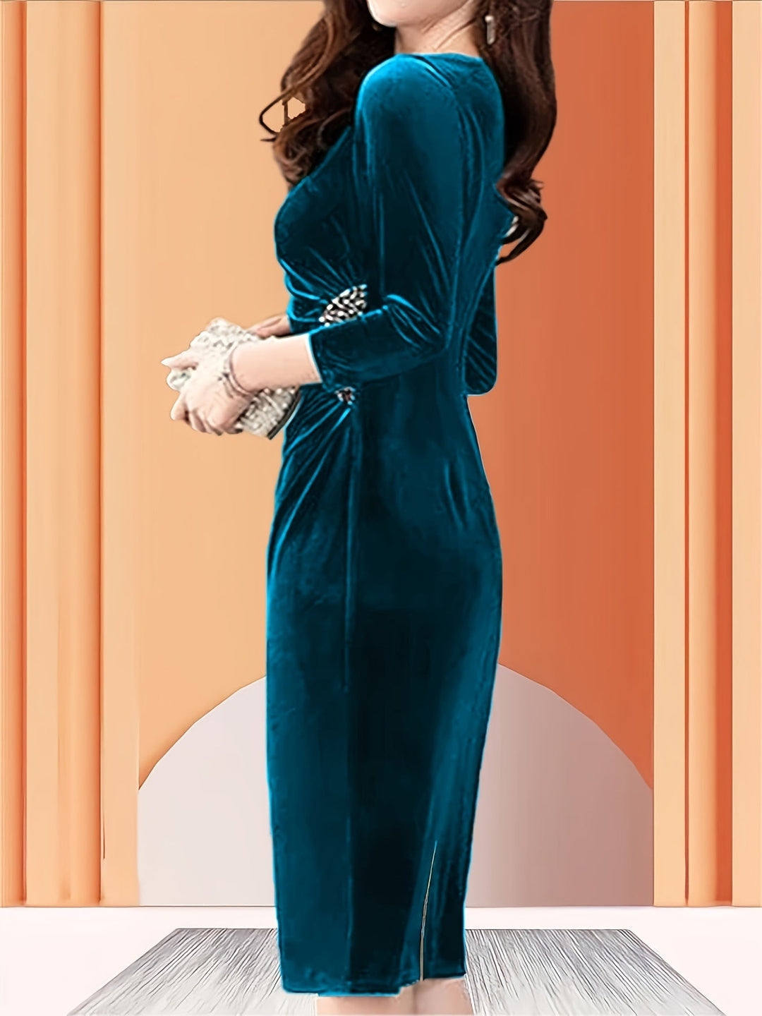 Elegant Velvet Midi Dress for Women with Round Neck Elbow Sleeve Ruched Beaded Bodycon Cocktail Style