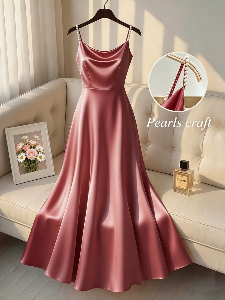 Elegant Satin Maxi Dress for Women with Cowl Neck Pearl Strap Flowing Formal Wedding Guest Style