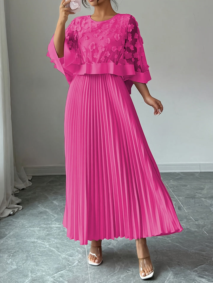 Elegant Floral Pleated Maxi Dress for Women with Round Neck Cape Sleeve Appliqué Flowing Formal Wedding Guest Style
