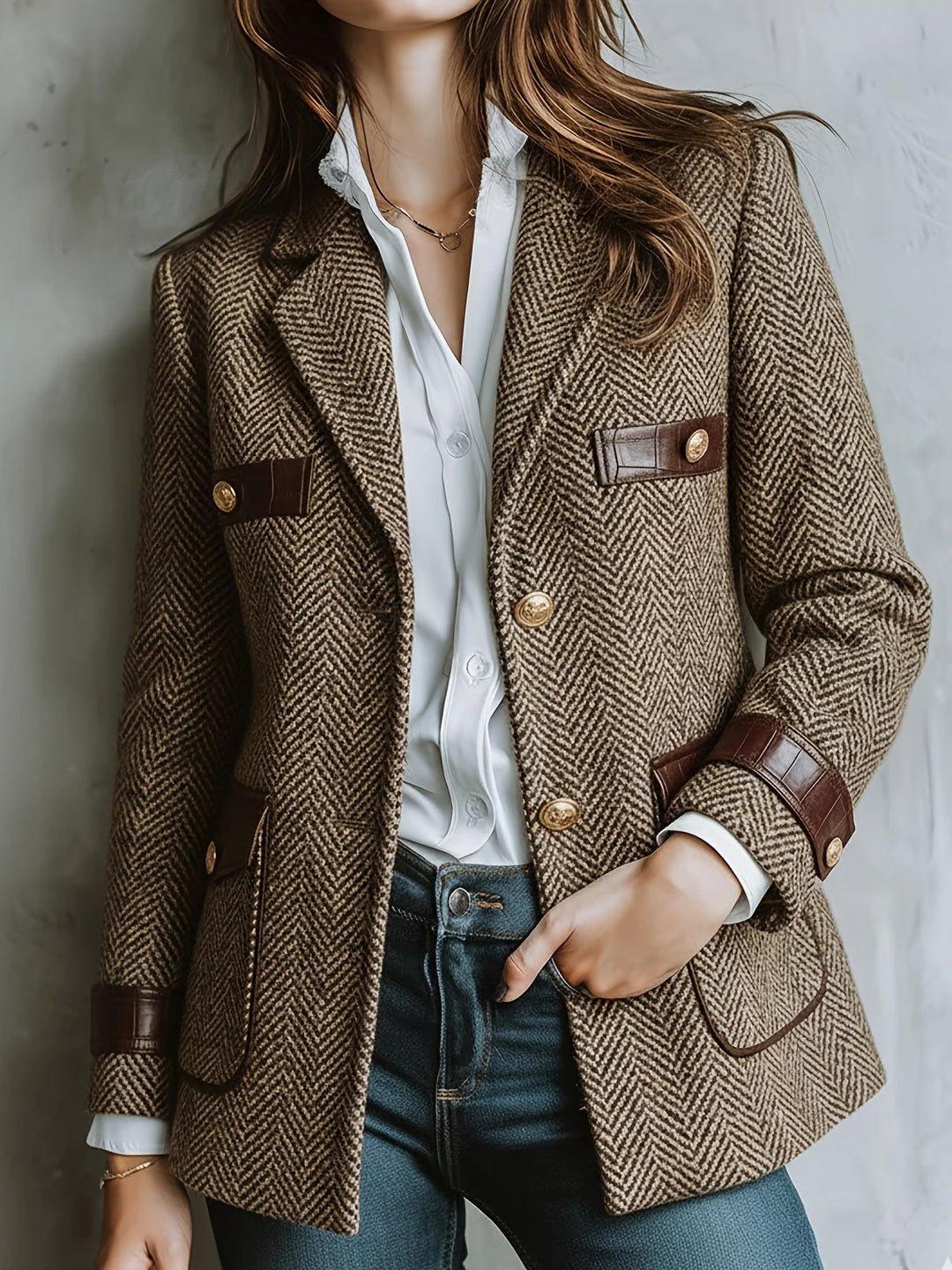 Elegant Khaki Herringbone Tweed Blazer for Women with Lapel Collar Long Sleeve Leather Trim Gold Button Style