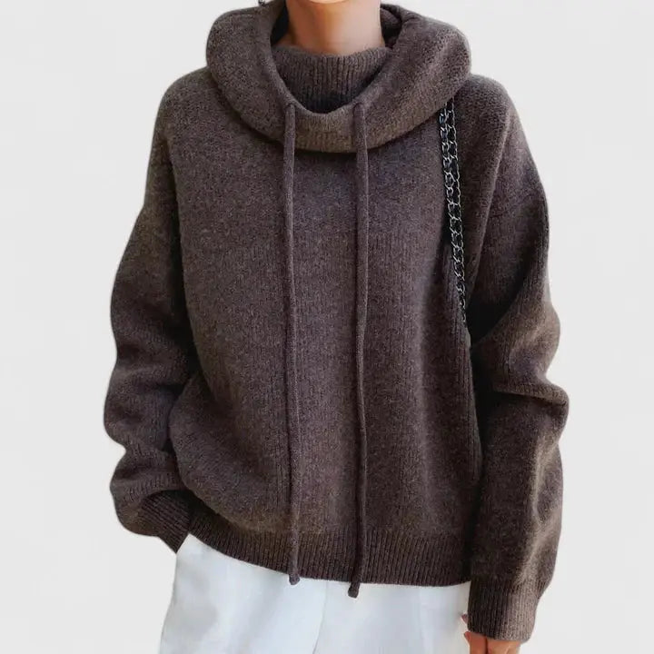 Comfortable Knit Hooded Sweater for Women with Cowl Neck Long Sleeve Drawstring Oversized Style