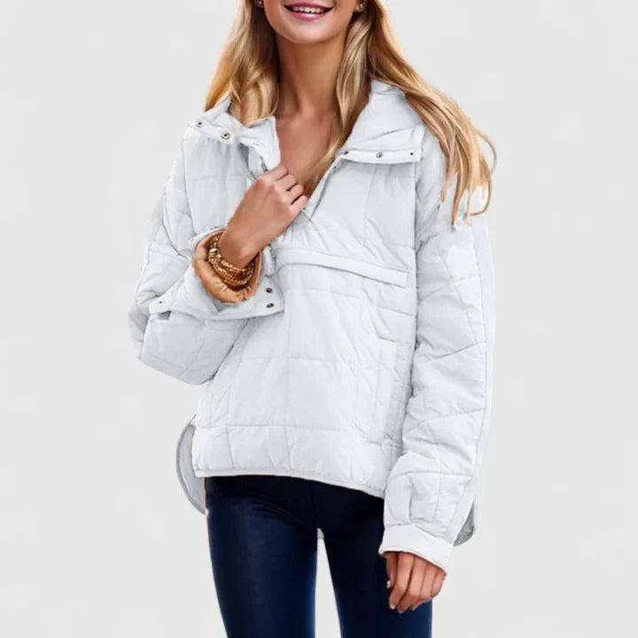 Comfortable Quilted Puffer Jacket for Women with Hooded Snap Front Long Sleeve High Low Hem Casual Style