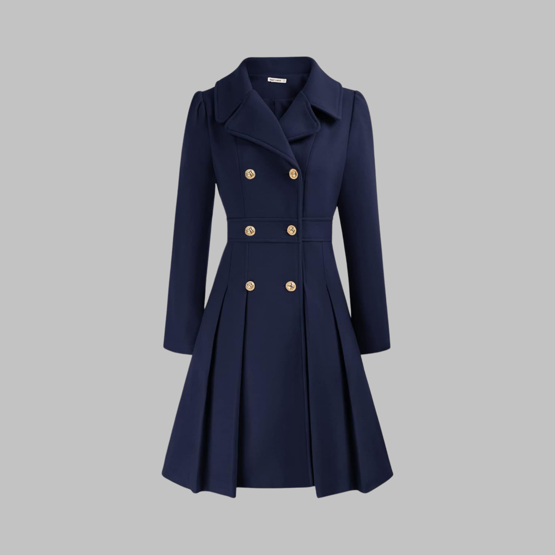 Elegant Wool Blend Pea Coat for Women with Notched Lapel Long Sleeve Double Breasted Pleated Fit and Flare Style
