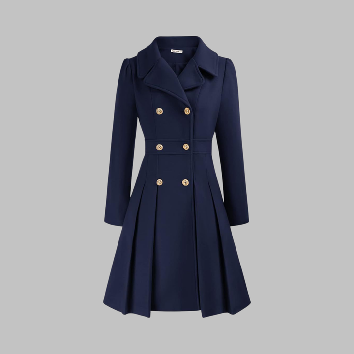 Elegant Wool Blend Pea Coat for Women with Notched Lapel Long Sleeve Double Breasted Pleated Fit and Flare Style