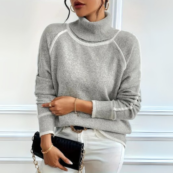 Comfortable Gray Turtleneck Sweater for Women with Long Sleeve Contrast Trim Relaxed Oversized Knit Style