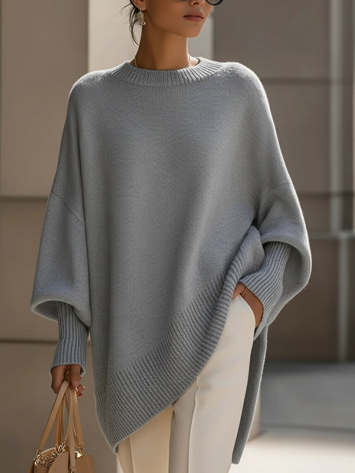 Comfortable Knit Poncho Sweater for Women with Crew Neck Batwing Sleeve Oversized Asymmetric Style