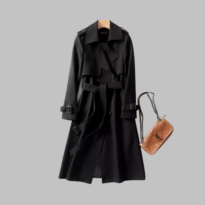 Elegant Trench Coat for Women with Notched Lapel Long Sleeve Double Breasted Belted Flowing Style