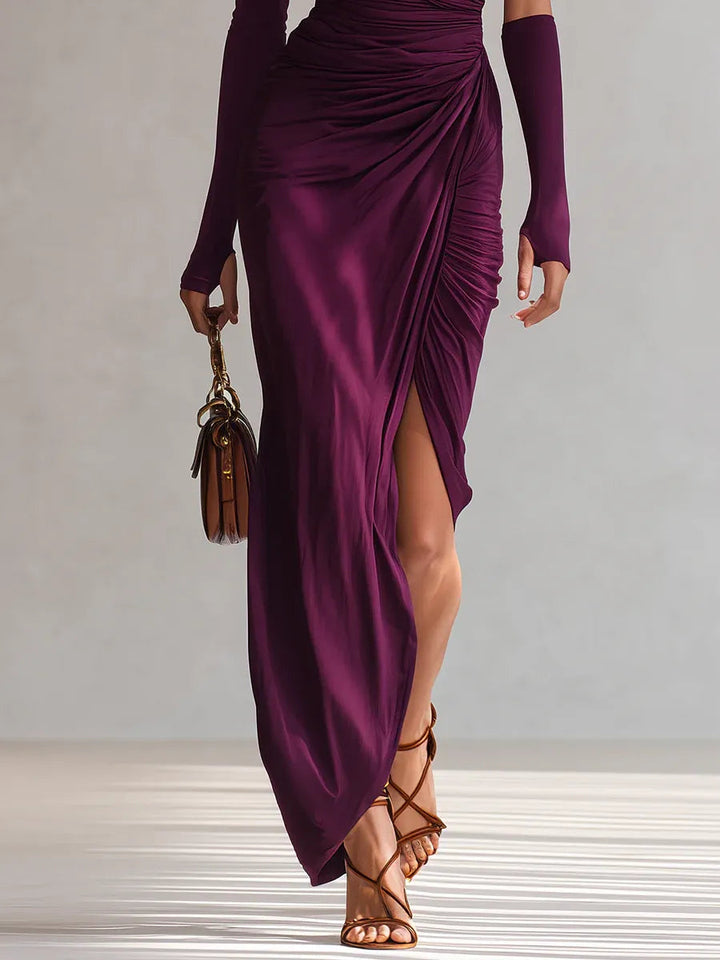 Elegant Purple Satin Maxi Dress for Women with One Shoulder Long Sleeve Ruched High Slit Style