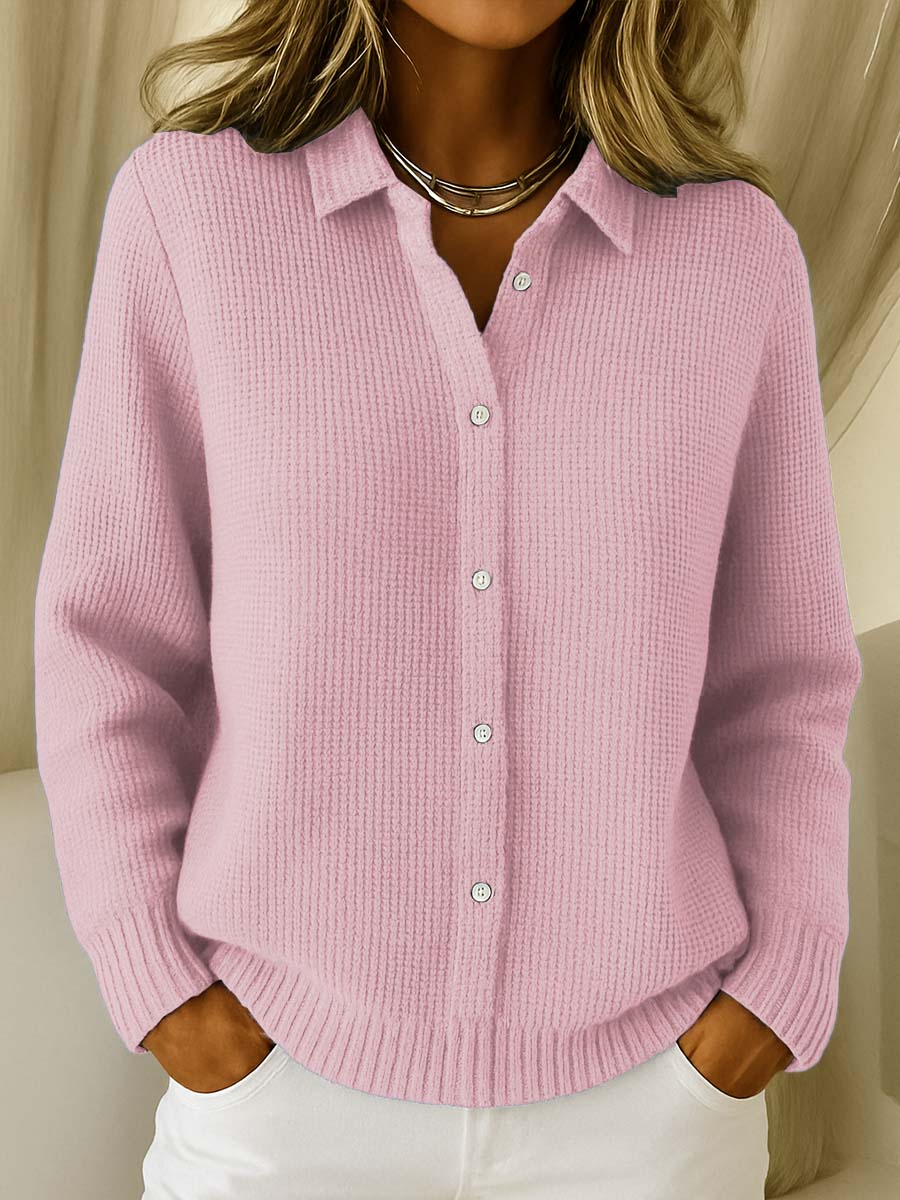 Comfortable Waffle Knit Blouse for Women with Collar Long Sleeve Button Front Relaxed Style