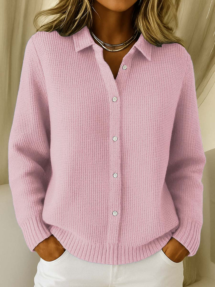 Comfortable Waffle Knit Blouse for Women with Collar Long Sleeve Button Front Relaxed Style