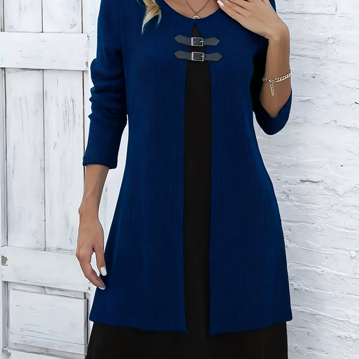Comfortable Ribbed Knit Sweater Dress for Women with Round Neck Long Sleeve Buckle Detail Layered Style