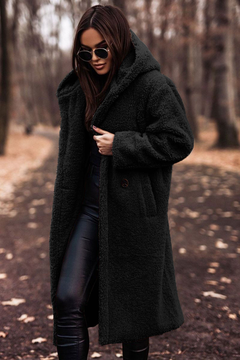 Effortless Shearling Coat for Women with Hooded Collar Long Sleeve Oversized Longline Style