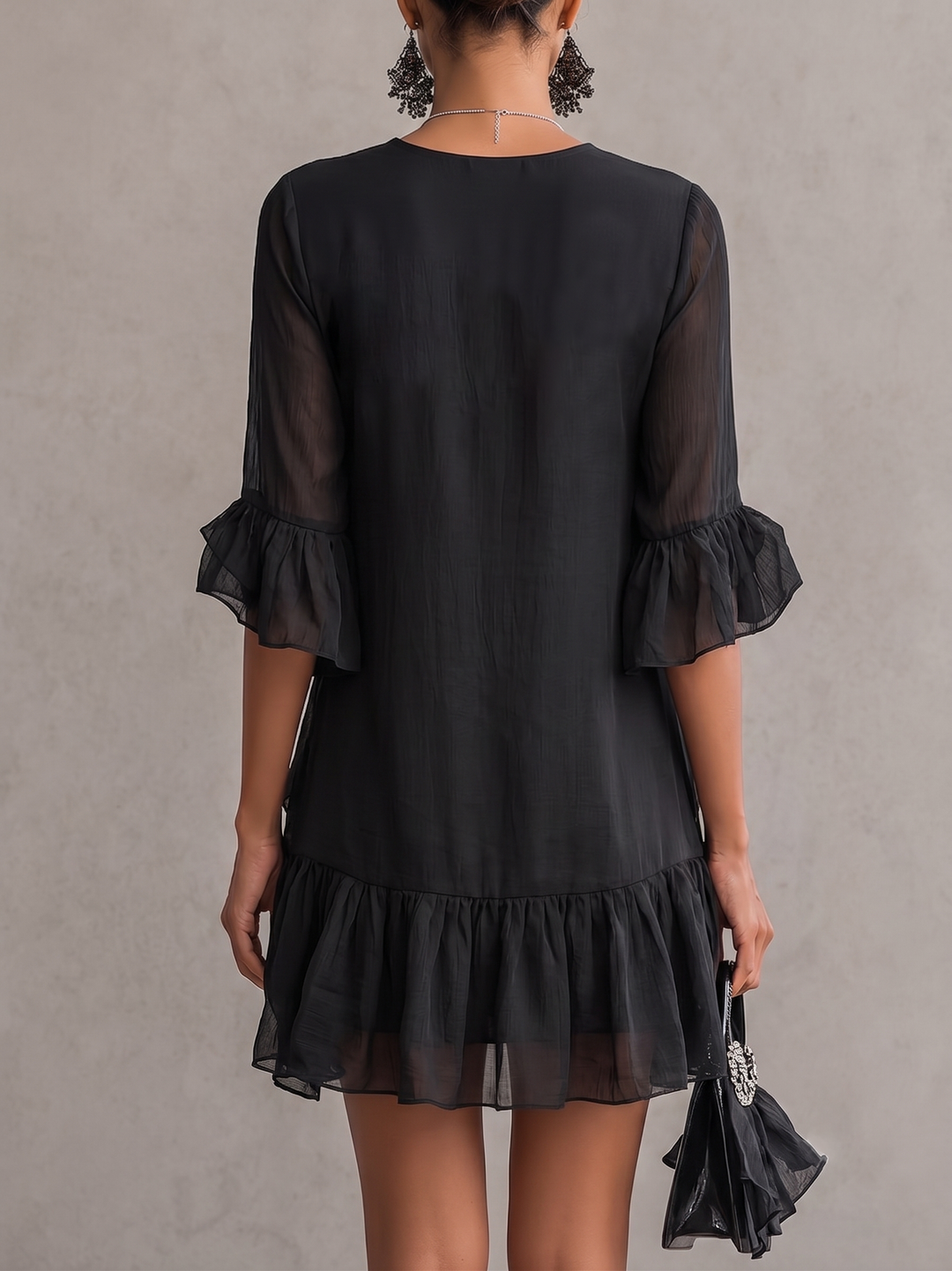 Elegant Black Ruffle Mini Dress for Women with V Neck Bell Sleeve Lace Trim Flowing Style