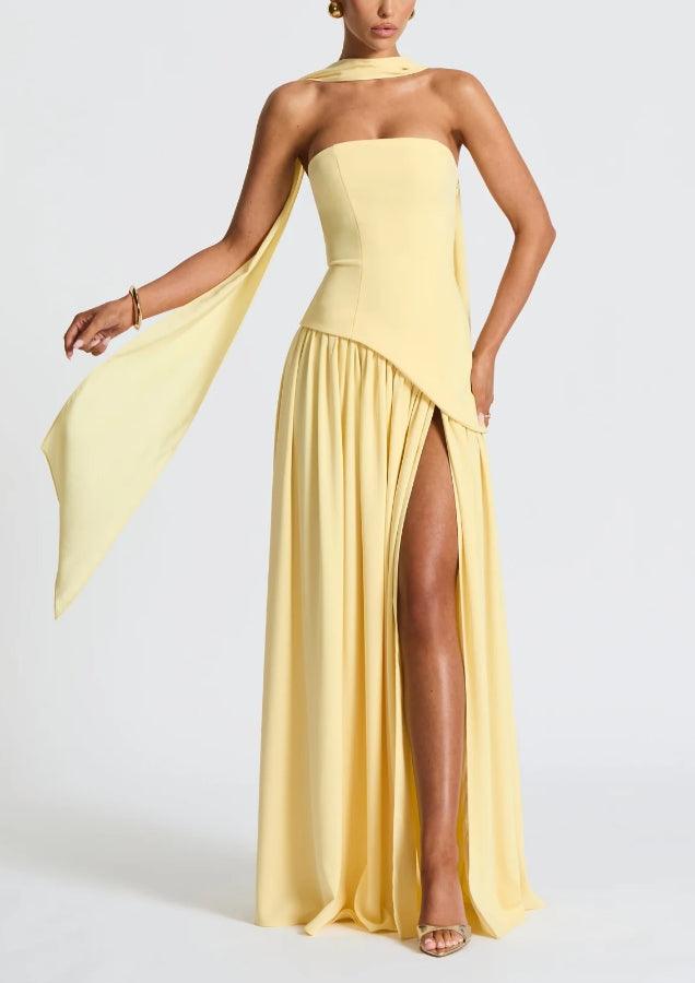 Elegant Satin Maxi Dress for Women with Strapless Scarf Drape High Slit Flowing Formal Wedding Guest Style