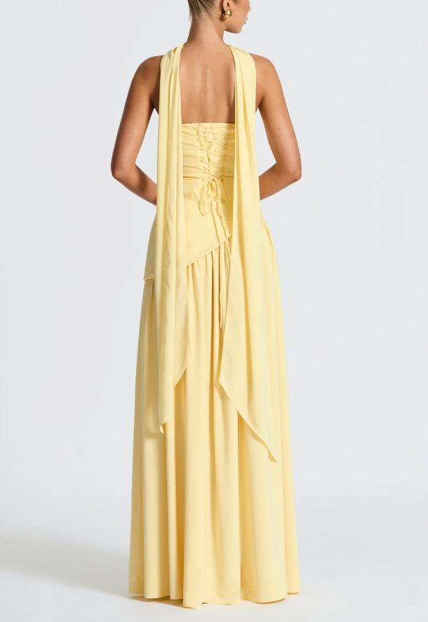 Elegant Satin Maxi Dress for Women with Strapless Scarf Drape High Slit Flowing Formal Wedding Guest Style