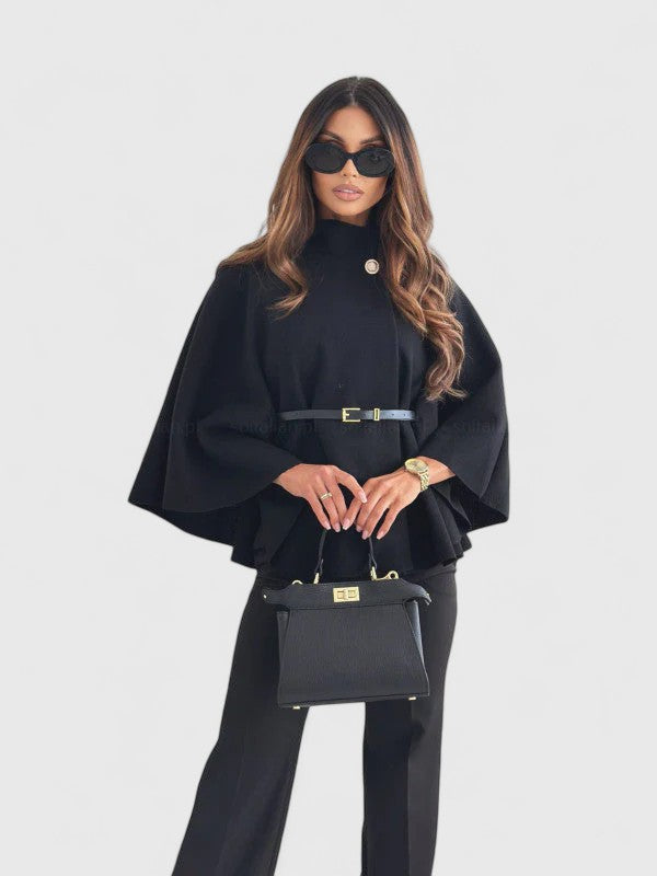 Elegant Textured Cape Jacket for Women with High Neck Bell Sleeve Belted Peplum Style