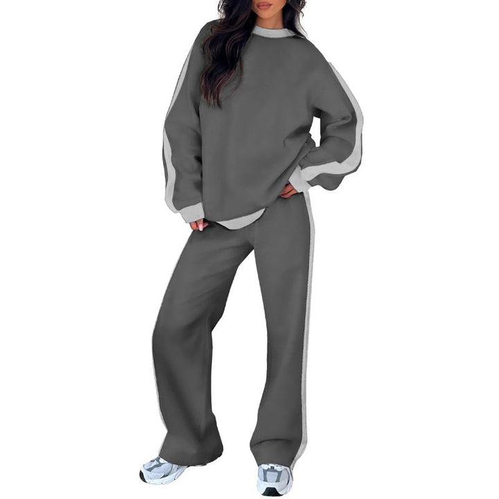 Effortless Wide Leg Set for Women with Round Neck Long Sleeve Contrast Stripe Relaxed Two Piece Style