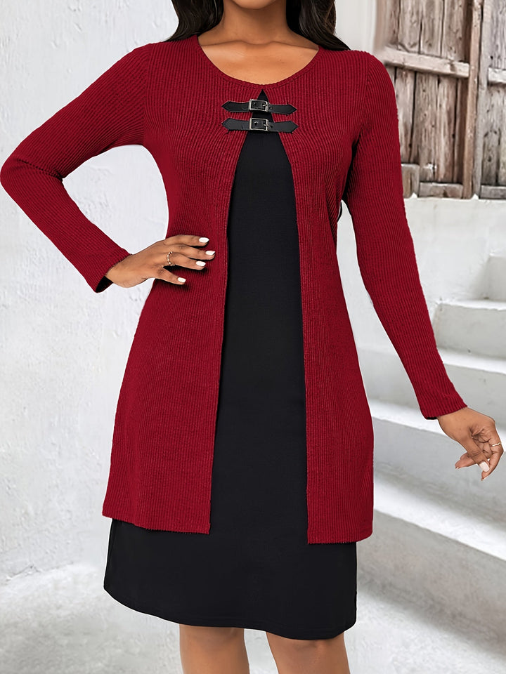Comfortable Ribbed Knit Sweater Dress for Women with Round Neck Long Sleeve Buckle Detail Layered Style