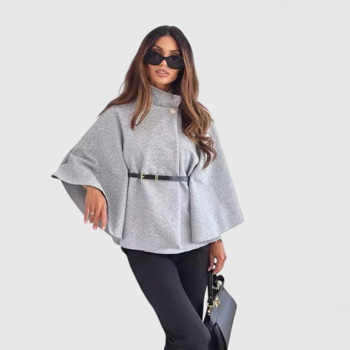 Elegant Textured Cape Jacket for Women with High Neck Bell Sleeve Belted Peplum Style