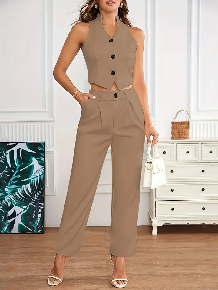 Elegant Two Piece Set for Women with Stand Collar Button Front Vest Tapered Pant Formal Style