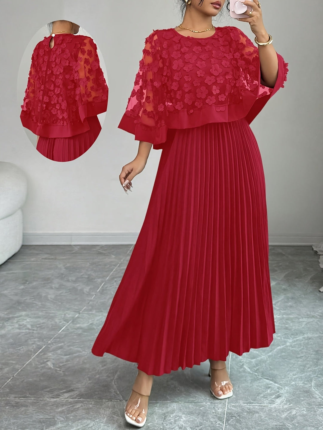 Elegant Floral Pleated Maxi Dress for Women with Round Neck Cape Sleeve Appliqué Flowing Formal Wedding Guest Style