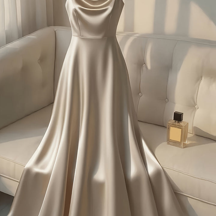 Elegant Satin Maxi Dress for Women with Cowl Neck Pearl Strap Flowing Formal Wedding Guest Style
