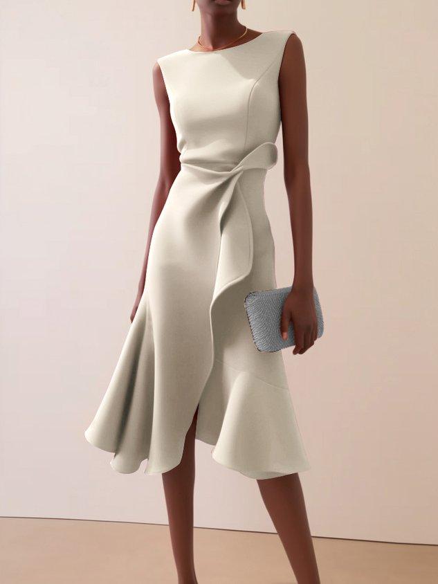 Elegant Draped Midi Dress for Women with Boat Neck Sleeveless Asymmetric Ruffle Hem Cocktail Style