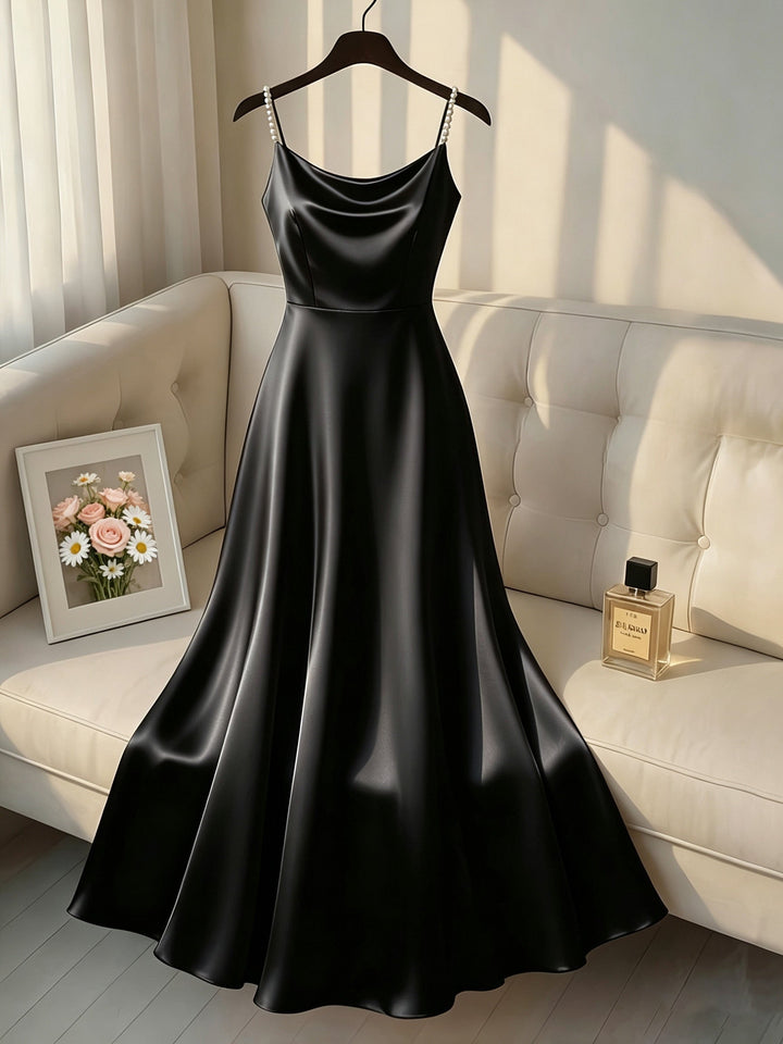 Elegant Satin Maxi Dress for Women with Cowl Neck Pearl Strap Flowing Formal Wedding Guest Style