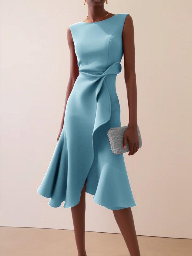 Elegant Draped Midi Dress for Women with Boat Neck Sleeveless Asymmetric Ruffle Hem Cocktail Style