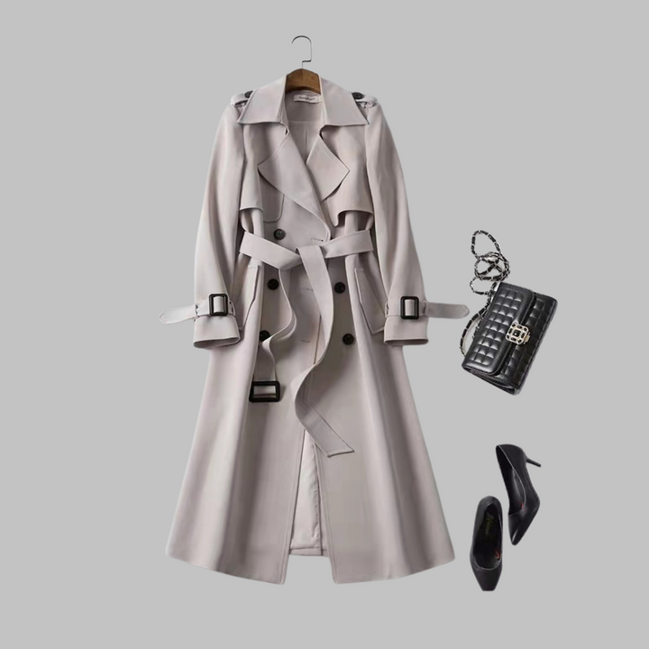 Elegant Trench Coat for Women with Notched Lapel Long Sleeve Double Breasted Belted Flowing Style