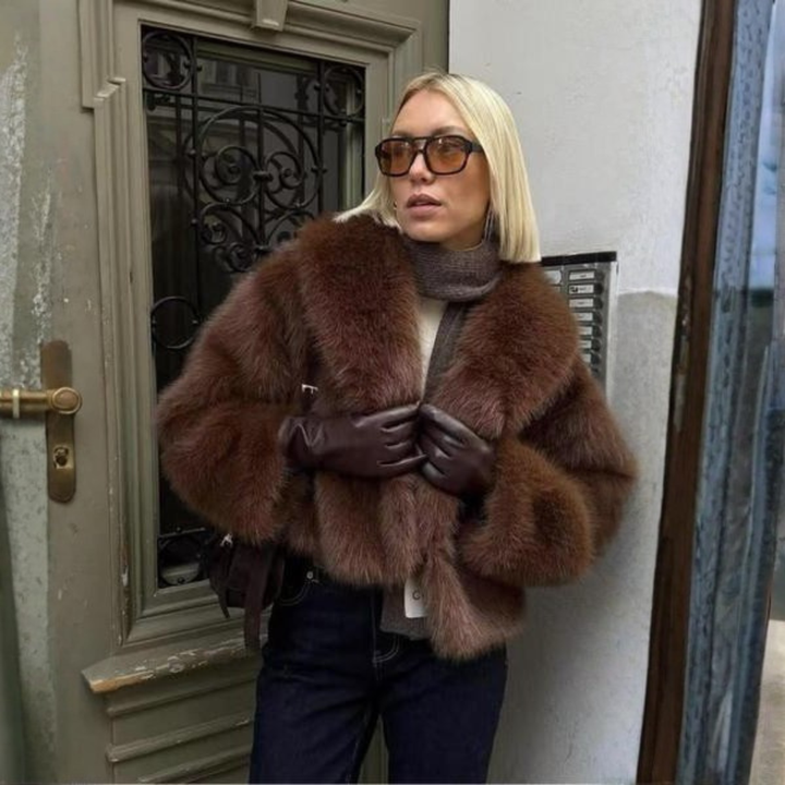 Elegant Faux Fur Jacket for Women with Shawl Collar Long Sleeve Oversized Cropped Relaxed Style