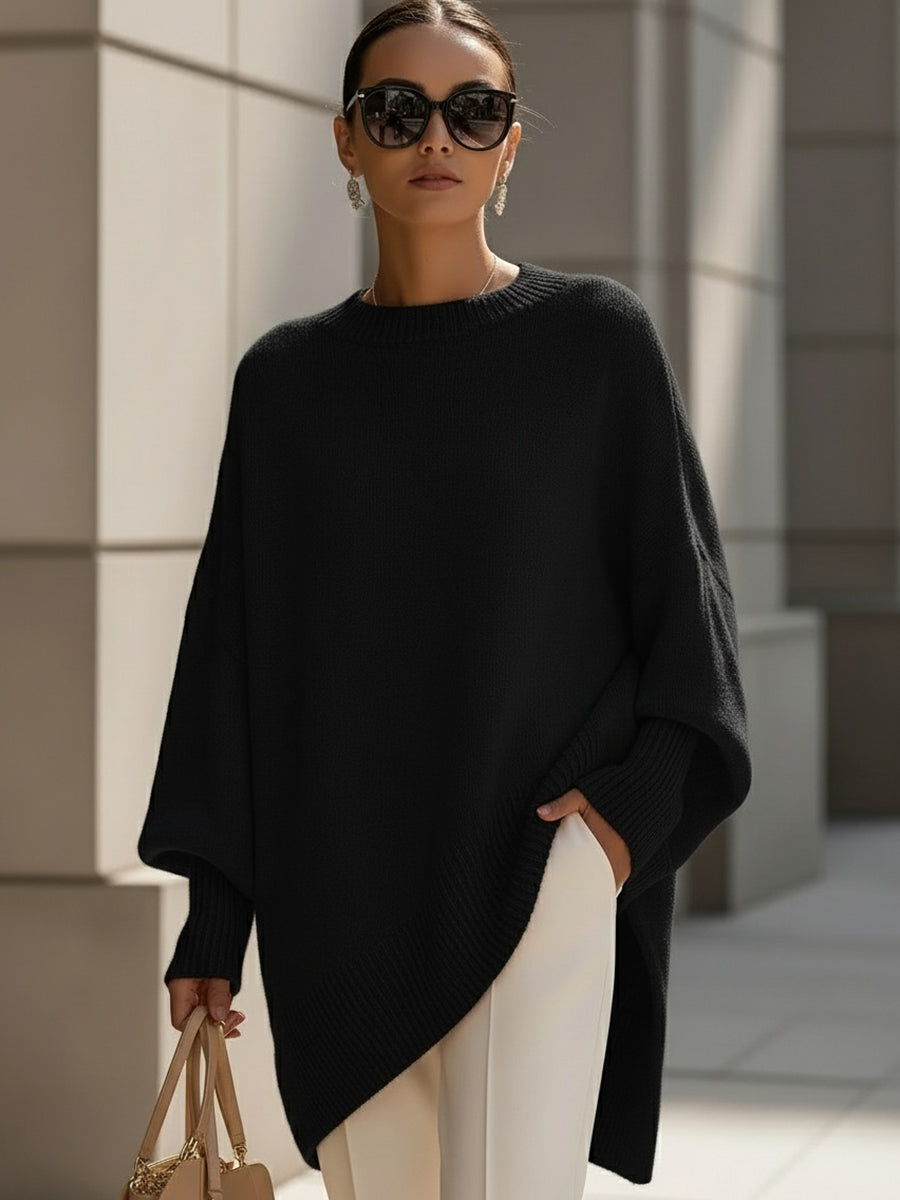 Comfortable Knit Poncho Sweater for Women with Crew Neck Batwing Sleeve Oversized Asymmetric Style