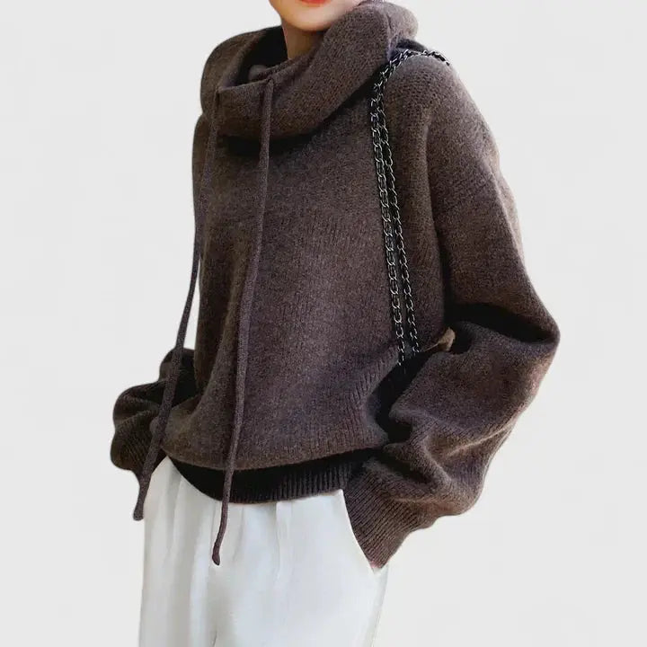 Comfortable Knit Hooded Sweater for Women with Cowl Neck Long Sleeve Drawstring Oversized Style