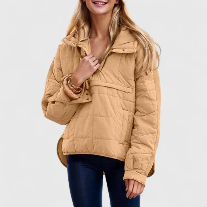 Comfortable Quilted Puffer Jacket for Women with Hooded Snap Front Long Sleeve High Low Hem Casual Style