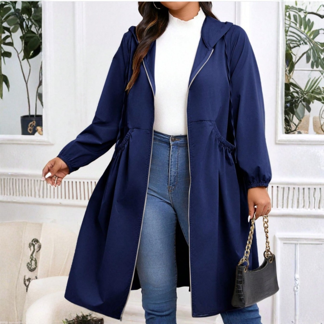 Effortless Plus Size Trench Coat for Women with Hooded Long Sleeve Drawstring Waist Zip Front Relaxed Style