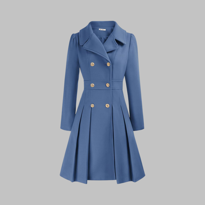 Elegant Wool Blend Pea Coat for Women with Notched Lapel Long Sleeve Double Breasted Pleated Fit and Flare Style