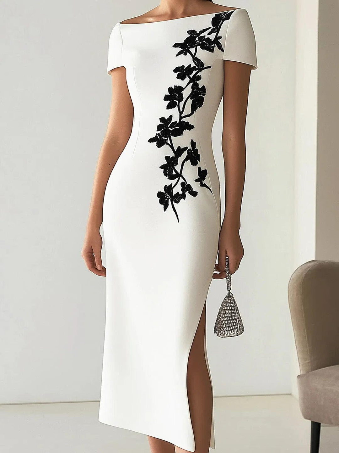 Elegant White Floral Midi Dress for Women with Boat Neck Short Sleeve Bodycon Slit Formal Style