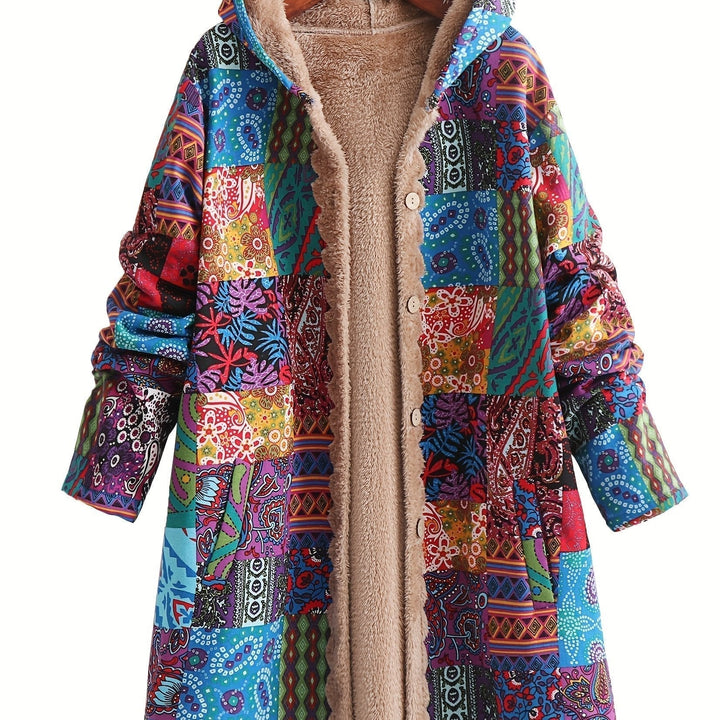 Effortless Patchwork Print Fleece Lined Coat for Women with Hooded Long Sleeve Button Front Oversized Bohemian Style