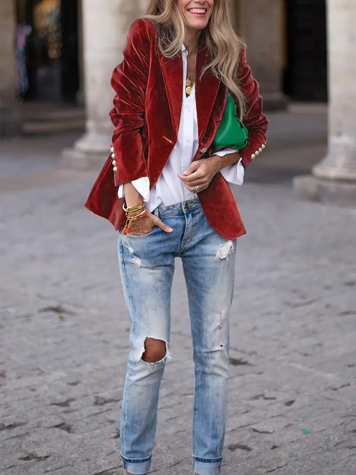 Elegant Velvet Blazer for Women with Lapel Collar Long Sleeve Single Button Tailored Formal Style