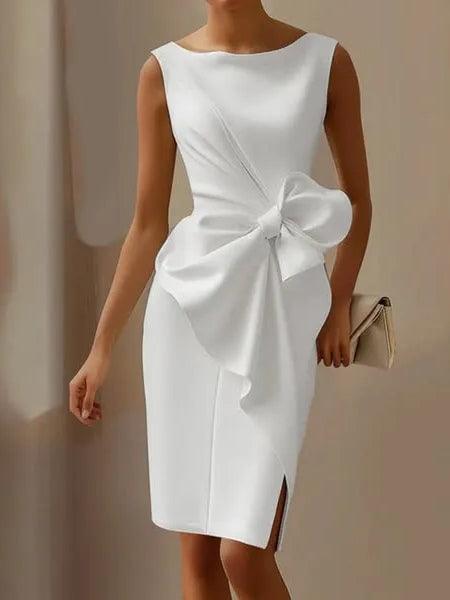 Elegant Satin Sheath Dress for Women with Boat Neck Sleeveless Bow Detail Side Slit Cocktail Style