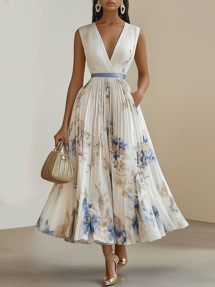 Elegant White Tie Dye Midi Dress for Women with V Neck Sleeveless Pleated Wedding Guest Style