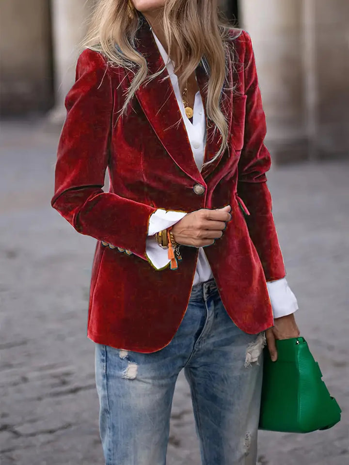 Elegant Velvet Blazer for Women with Lapel Collar Long Sleeve Single Button Tailored Formal Style