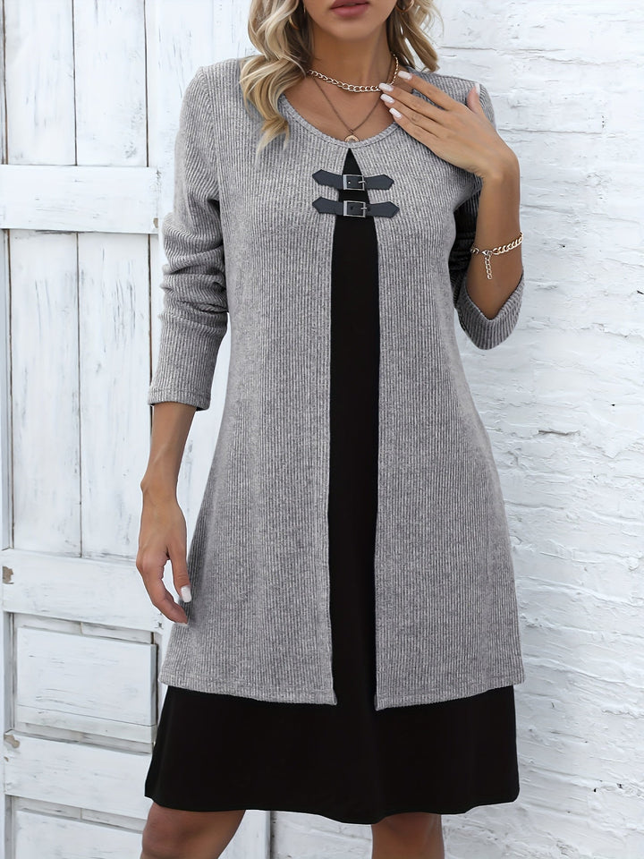 Comfortable Ribbed Knit Sweater Dress for Women with Round Neck Long Sleeve Buckle Detail Layered Style