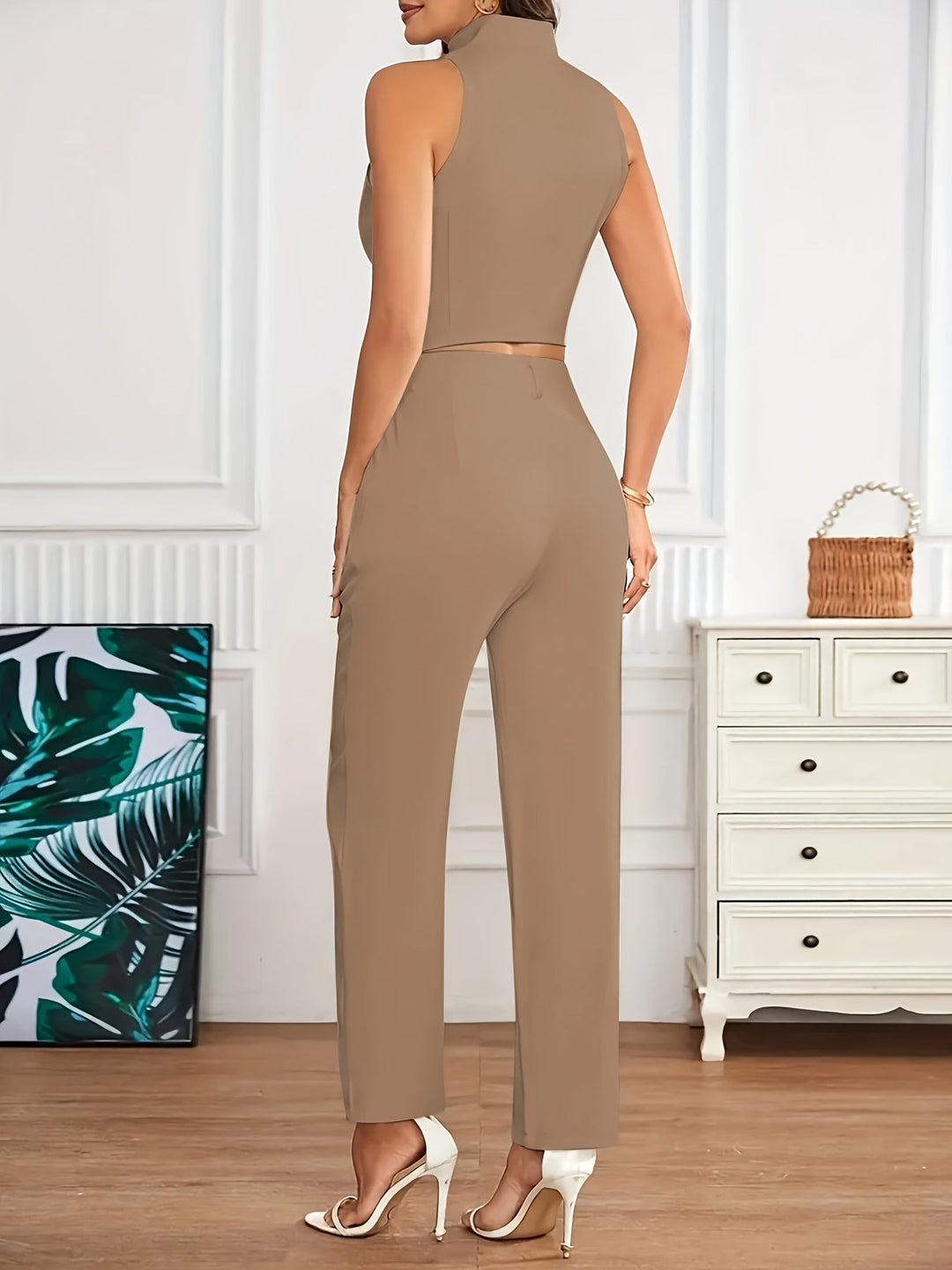 Elegant Two Piece Set for Women with Stand Collar Button Front Vest Tapered Pant Formal Style
