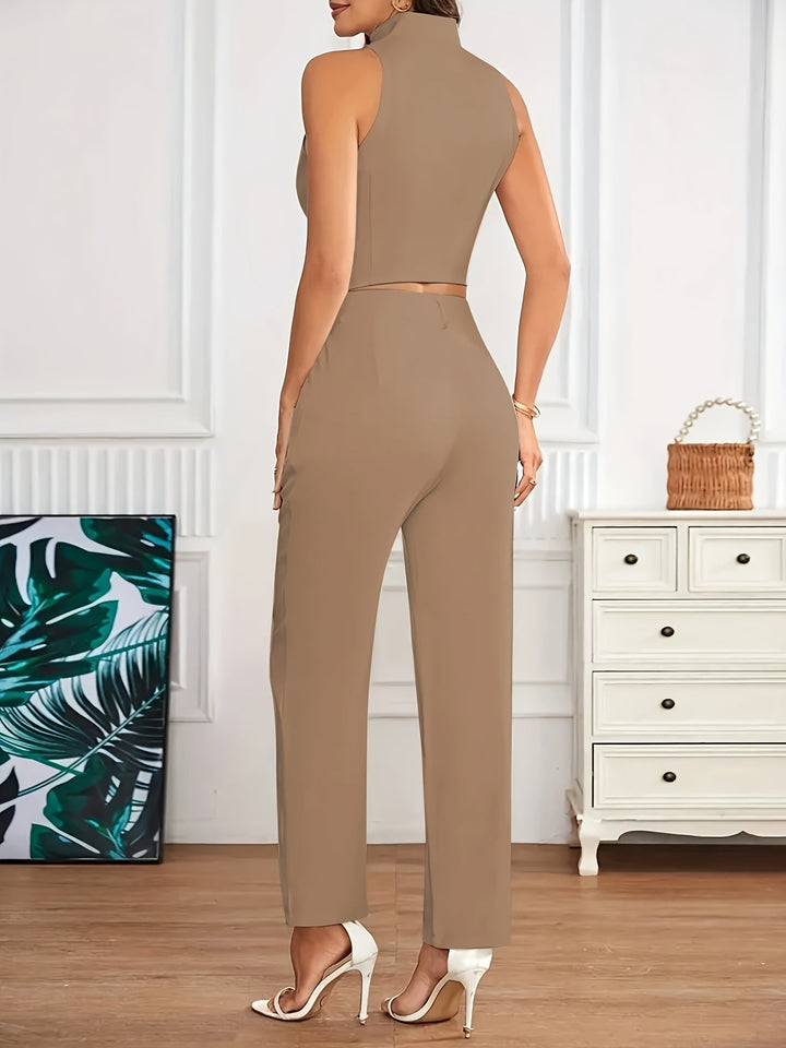Elegant Two Piece Set for Women with Stand Collar Button Front Vest Tapered Pant Formal Style