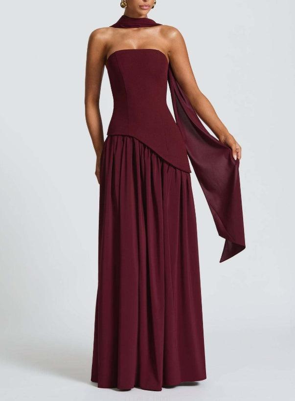 Elegant Satin Maxi Dress for Women with Strapless Scarf Drape High Slit Flowing Formal Wedding Guest Style
