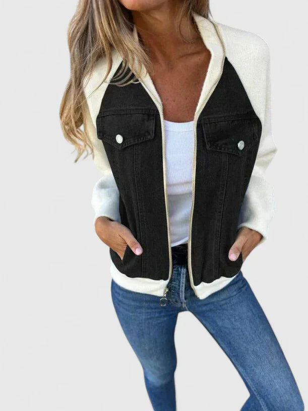 Effortless Denim Bomber Jacket for Women with Zip Front Long Sleeve Colorblock Casual Style